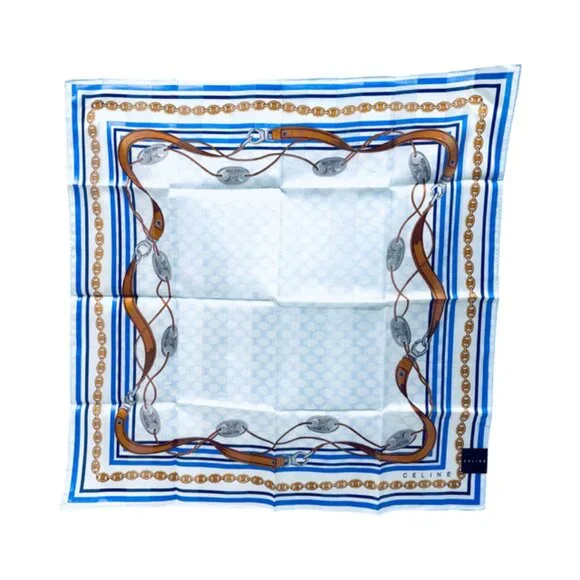 New Trendy Celine Paris Mini Scarf 20"Cotton/Silk blue gold chain  belt logo( 56 - Picture 3 of 7